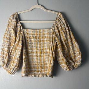 Anthropologie Yellow Plaid Smocked Square-Neck Peasant Blouse